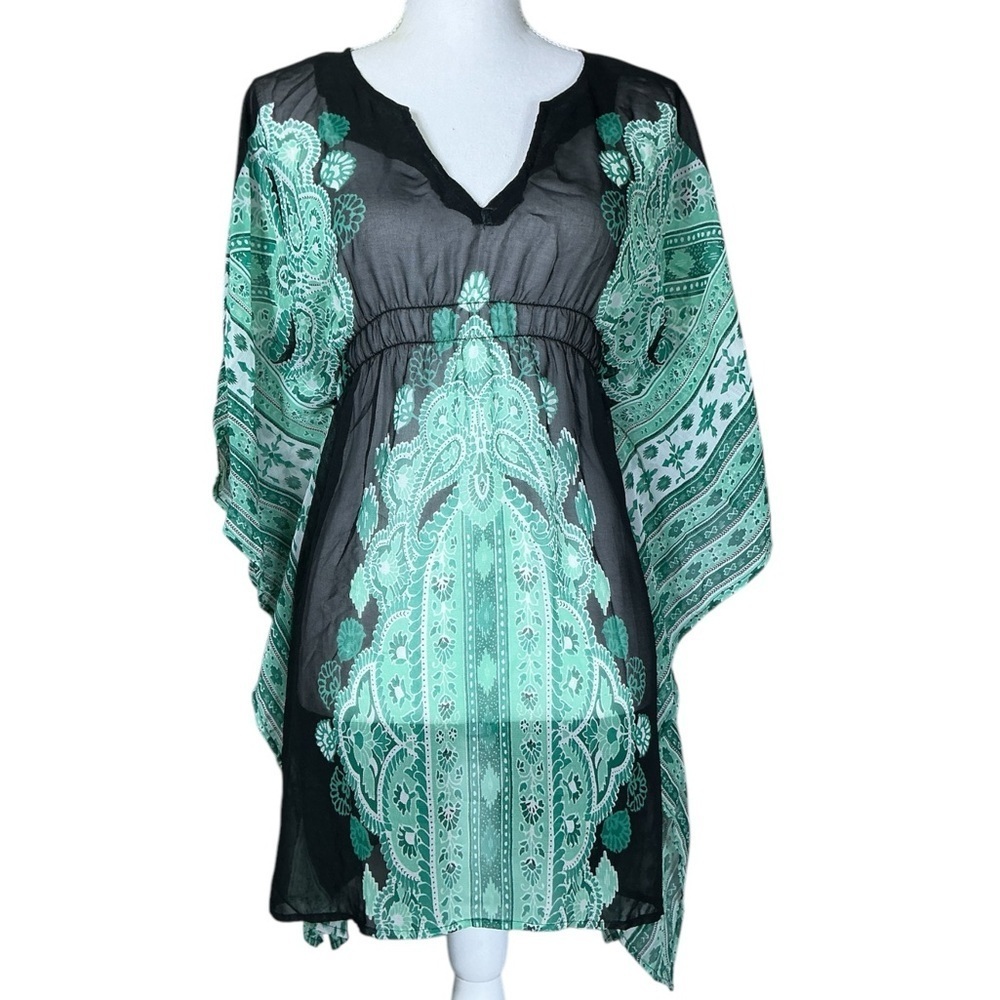 Tramp Tunic Top Sheer Batwing Slit Sleeves Pullover Blouse Batik Aztec Green SM